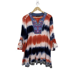 CALEOAS Tie Dye Tunic Top Plus Sz 1X Peasant Boho Embroidery Aztec Bell Sleeve